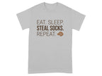 Gray t-shirt with "EAT. SLEEP. STEAL SOCKS. REPEAT." text and dog icon.
