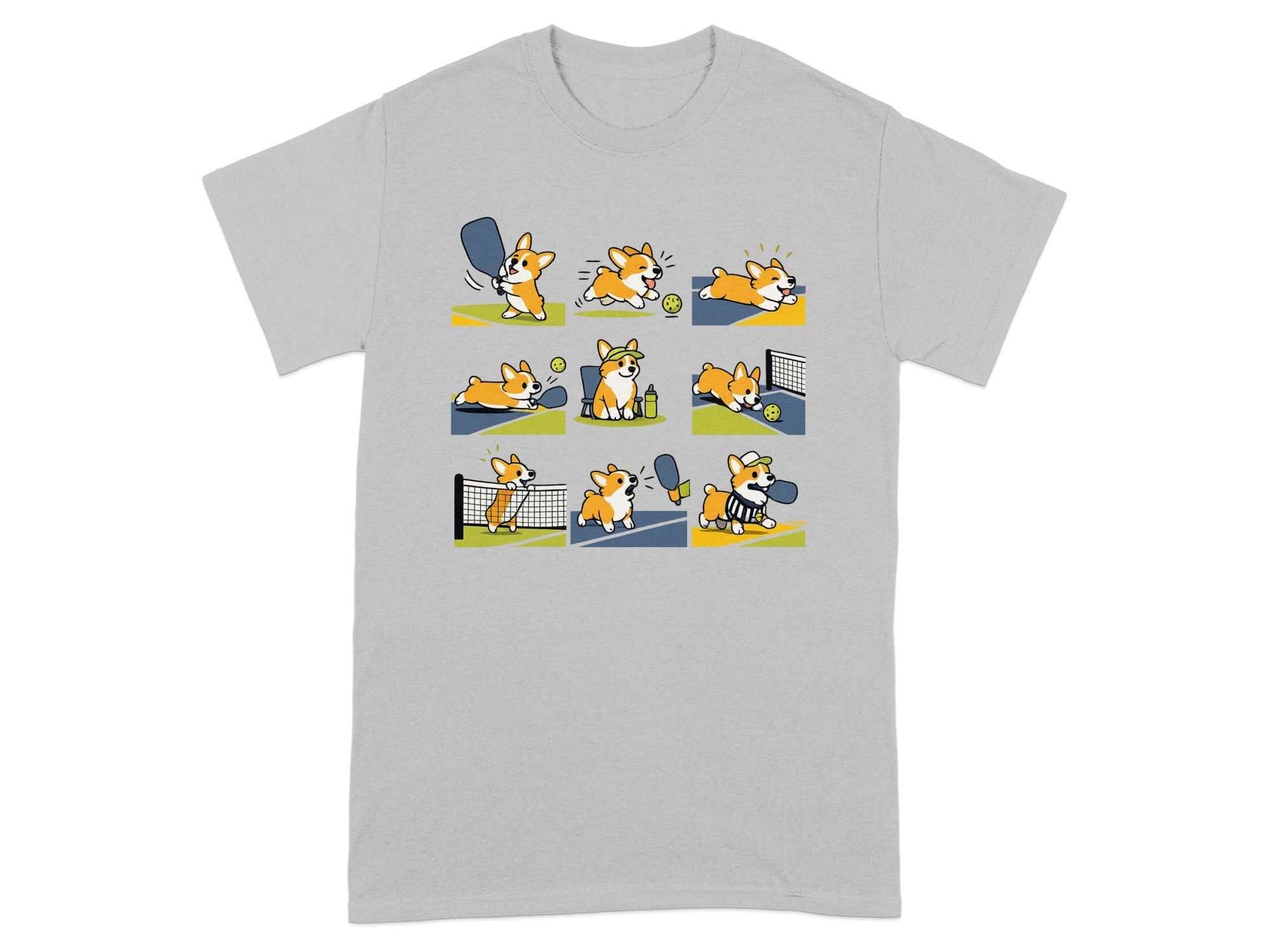 Corgis playing various pickleball scenes in a comic strip style.