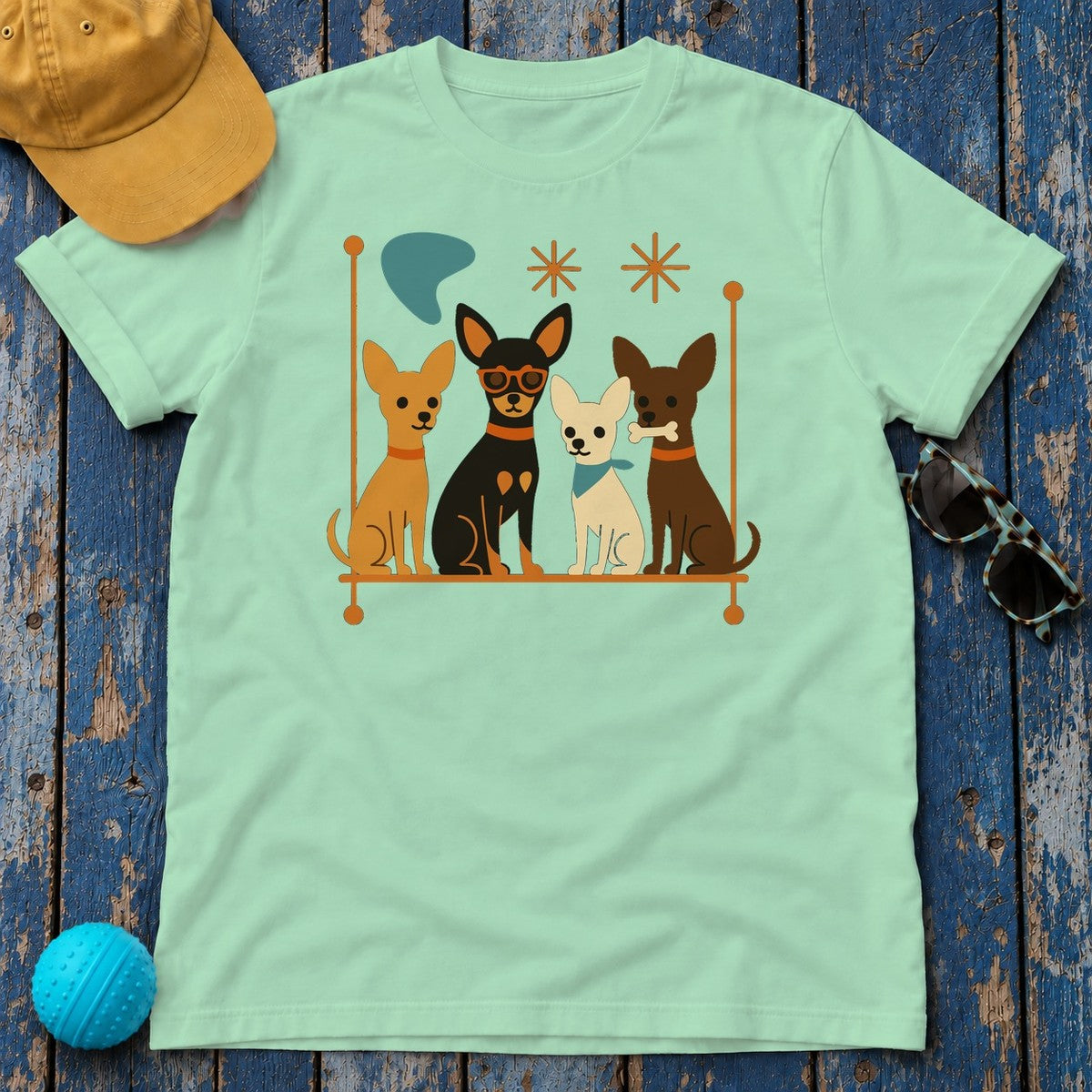 Mid-Century Chihuahua Crew T-Shirt in Mint Green
