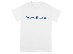 White t-shirt with blue dog silhouettes in various poses: running, sitting, swimming, sleeping.