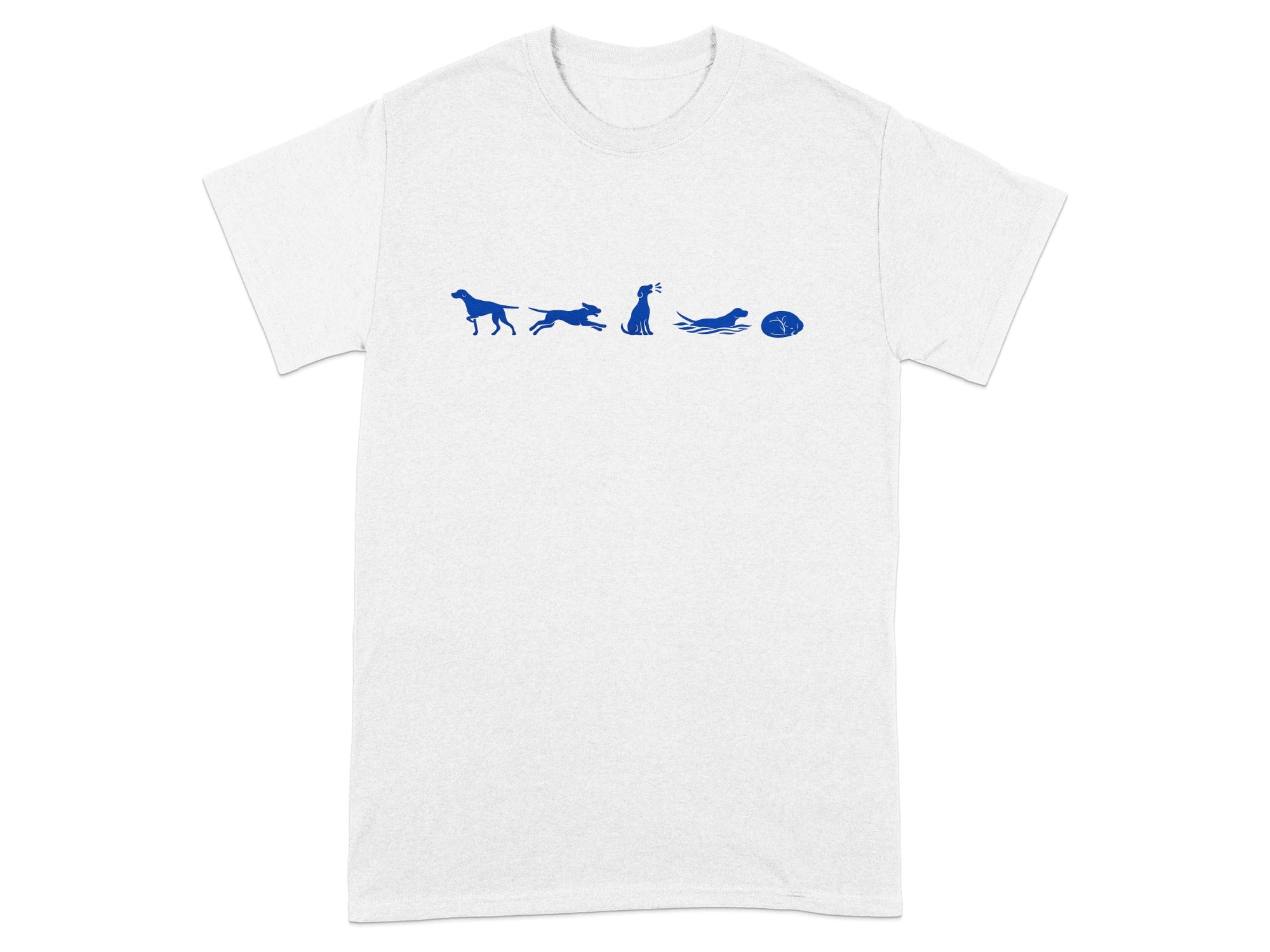 White t-shirt with blue dog silhouettes in various poses: running, sitting, swimming, sleeping.