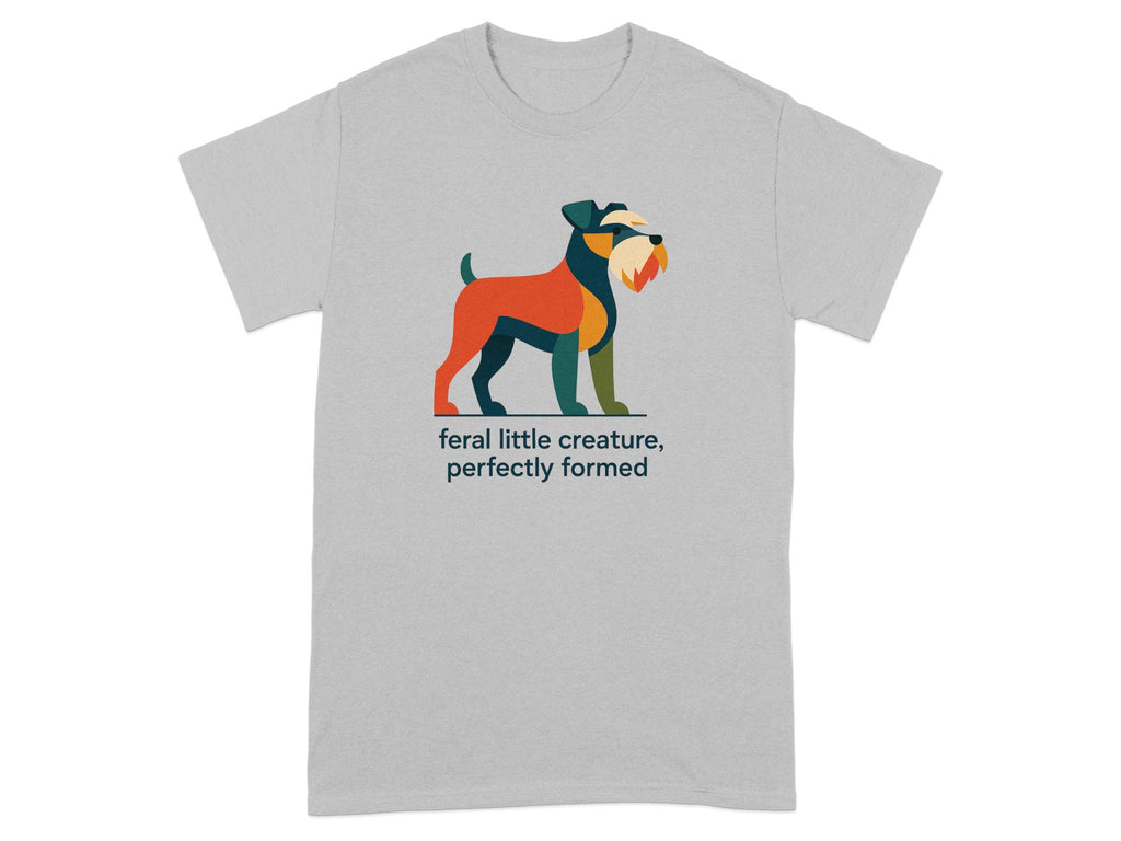 Grey t-shirt with colorful geometric dog illustration and text.