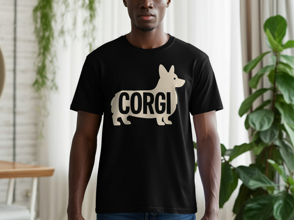 Black t-shirt with a light beige corgi silhouette and the word CORGI.