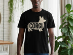 Black t-shirt with a light beige corgi silhouette and the word CORGI.