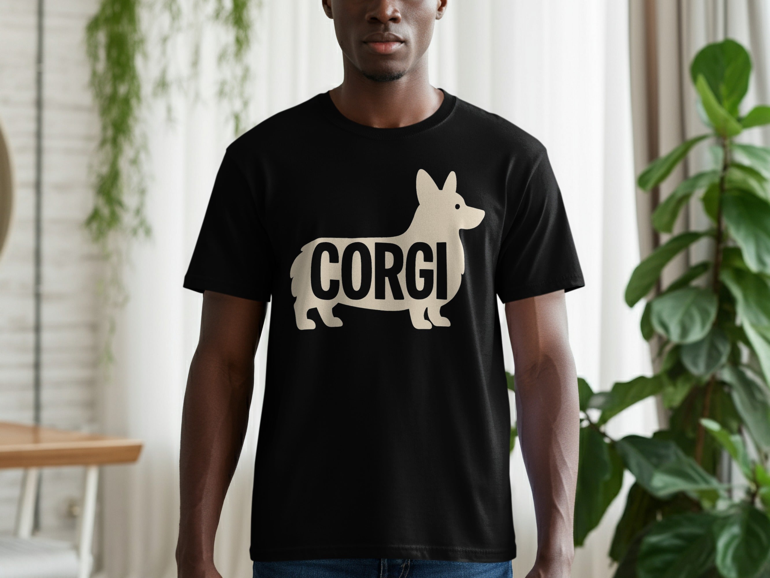 Black t-shirt with a light beige corgi silhouette and the word CORGI.