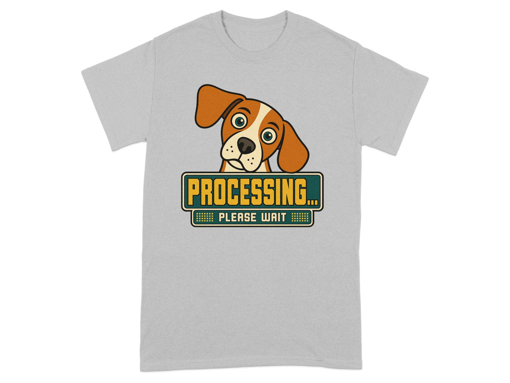 Beagle dog peeking through a "PROCESSING... PLEASE WAIT" sign.