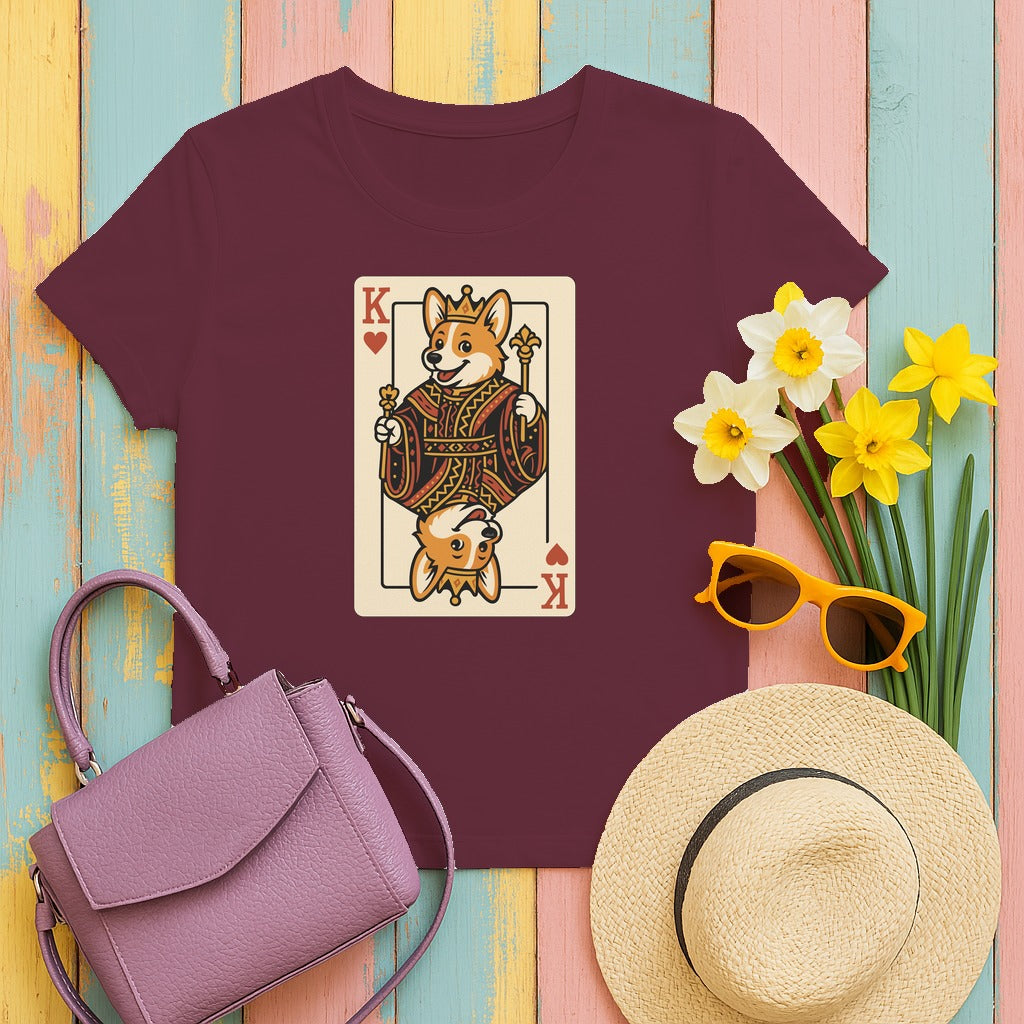 Corgi King Playing Card T-Shirt in Maroon