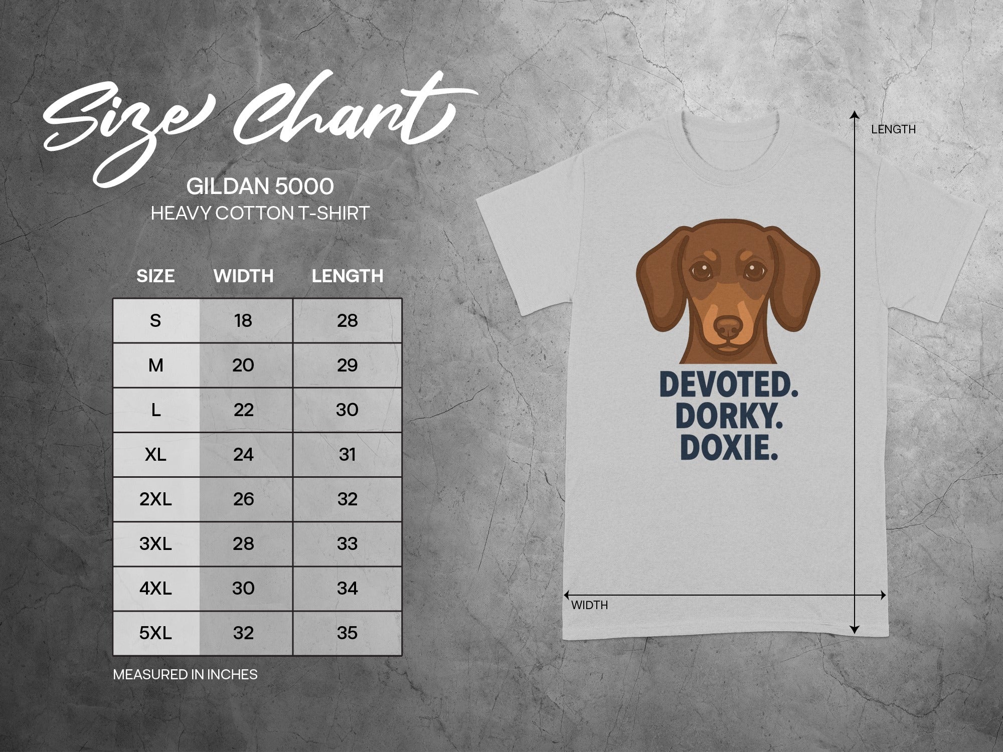 Gildan 5000 heavy cotton t-shirt size chart with Devoted. Dorky. Doxie. graphic.