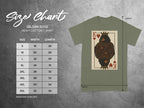 Gildan 5000 Heavy Cotton T-Shirt size chart with King of Hearts graphic.