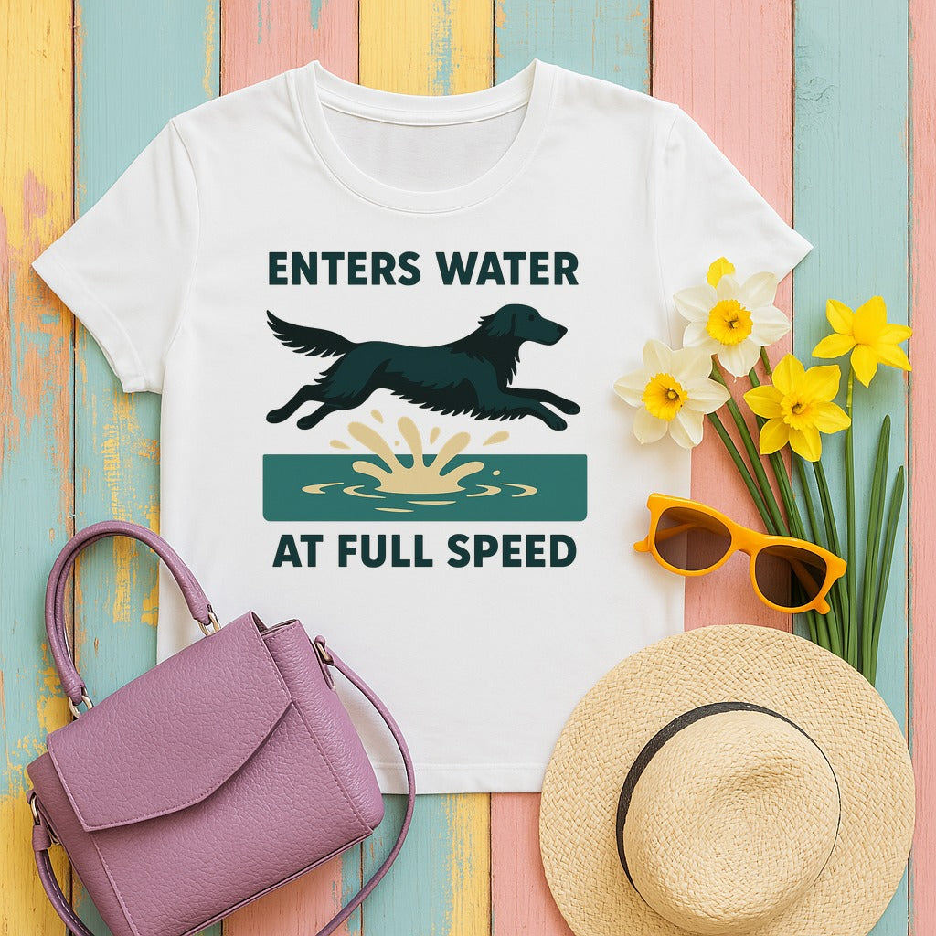 Flat-Coat Enters Water at Full Speed Tee in White