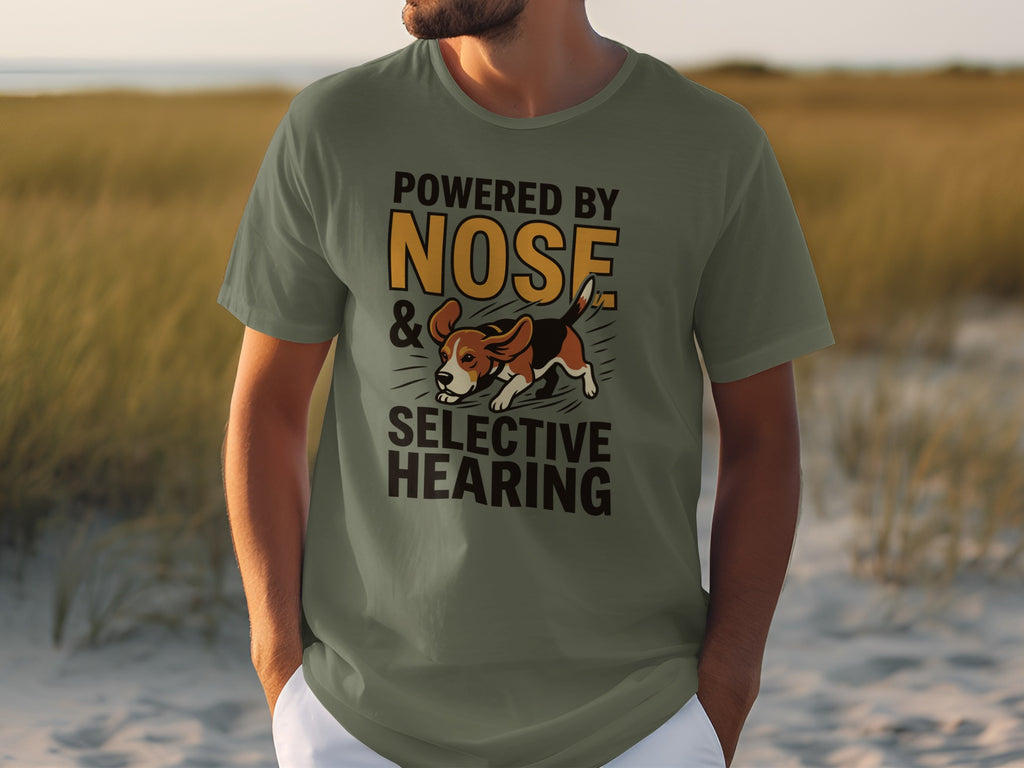 Green t-shirt with beagle graphic and text "POWERED BY NOSE & SELECTIVE HEARING".
