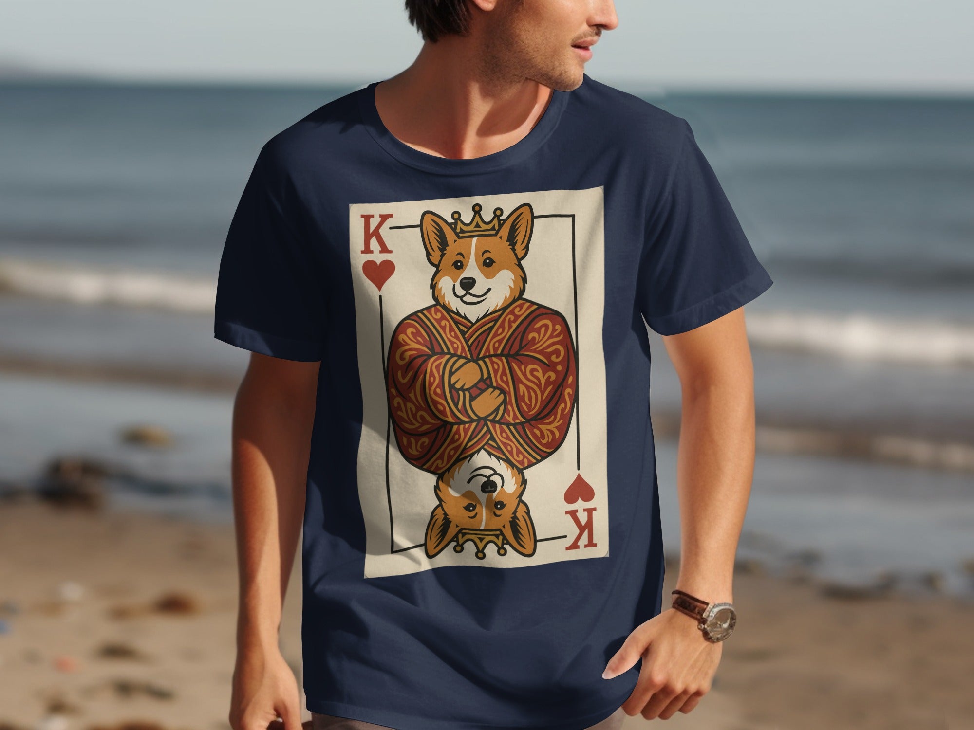 Navy t-shirt with a King of Hearts playing card featuring a crowned corgi.