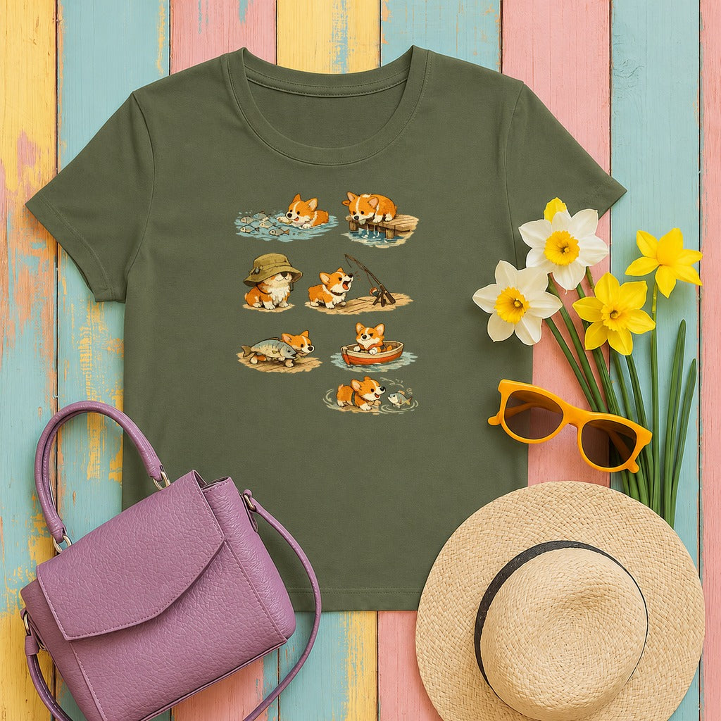 Corgi Fishing Adventures T-Shirt in Military Green