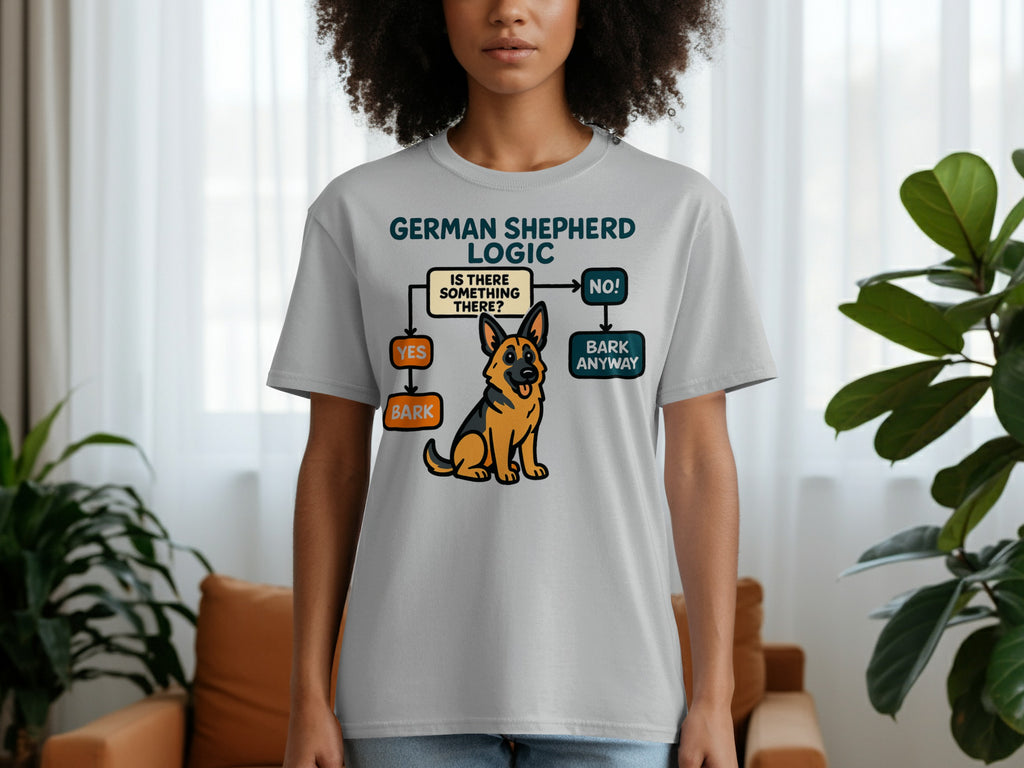 T-shirt with "German Shepherd Logic" flowchart, a German Shepherd, and bark prompts.