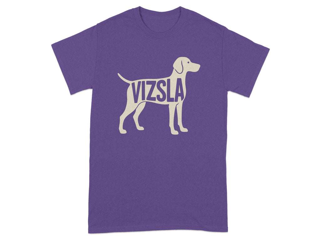 Purple t-shirt with a beige Vizsla dog silhouette and text.