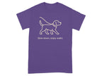Purple t-shirt with a line drawing of a dog on a leash and the text "Slow down, enjoy walks".