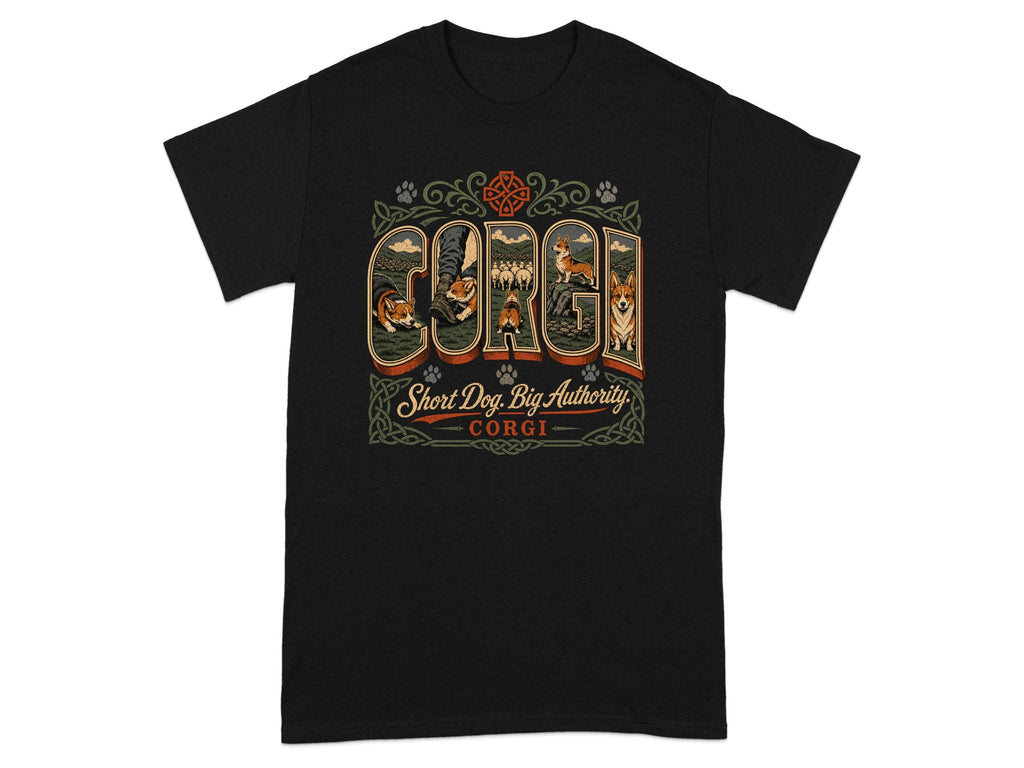 Black t-shirt with "CORGI Short Dog, Big Authority" text and corgi illustrations.