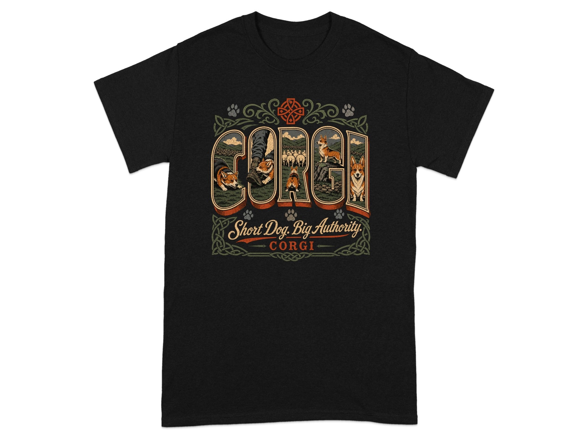 Black t-shirt with "CORGI Short Dog, Big Authority" text and corgi illustrations.