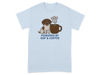 Light blue t-shirt with a German Shorthaired Pointer and coffee mug graphic, text reads "POWERED BY GSP & COFFEE".