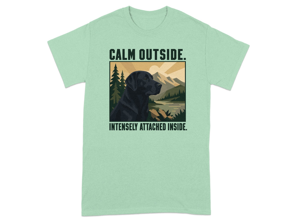 Black Labrador with "Calm Outside. Intensely Attached Inside." text.
