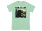 Black Labrador with "Calm Outside. Intensely Attached Inside." text.