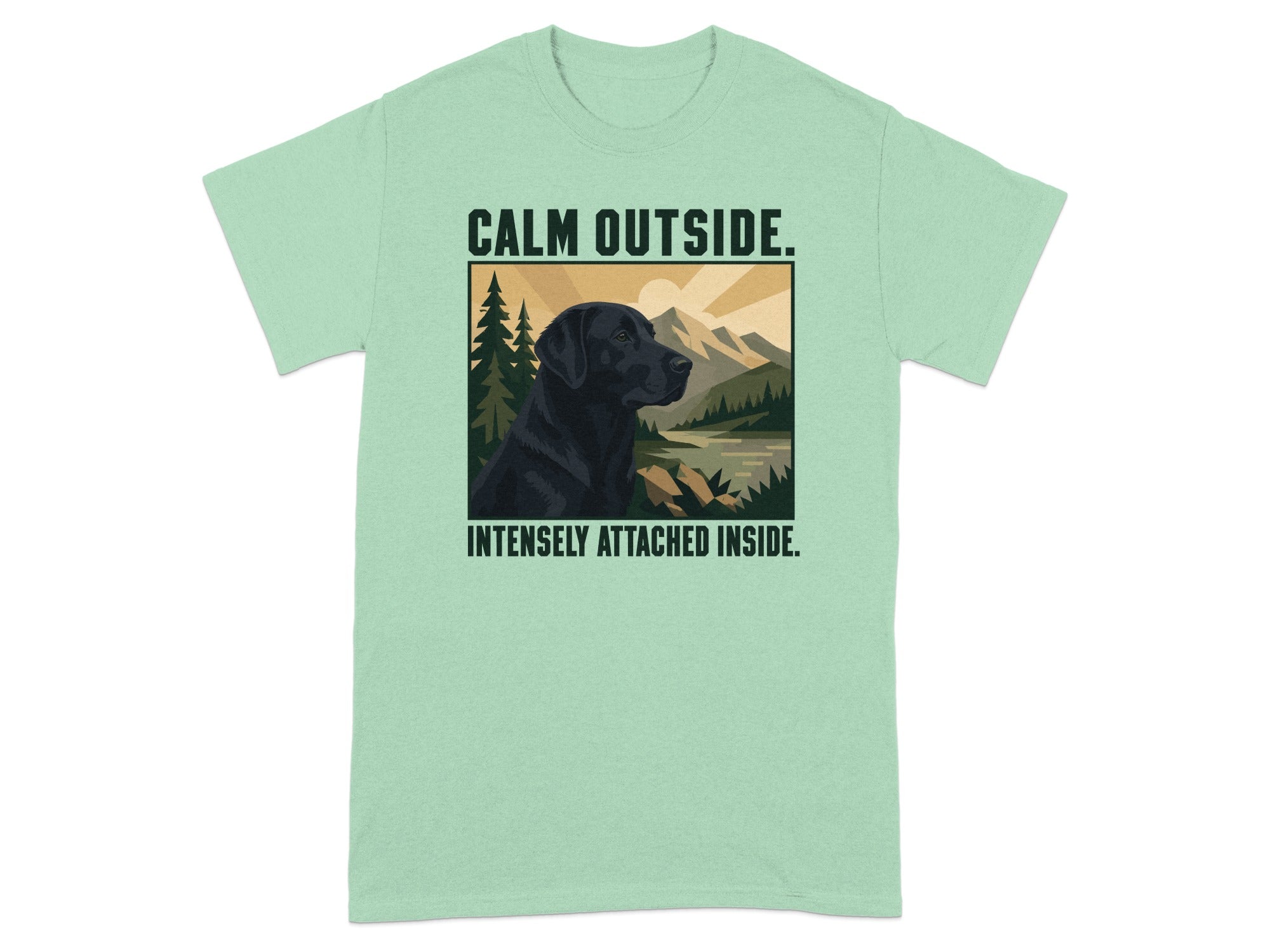 Black Labrador with "Calm Outside. Intensely Attached Inside." text.
