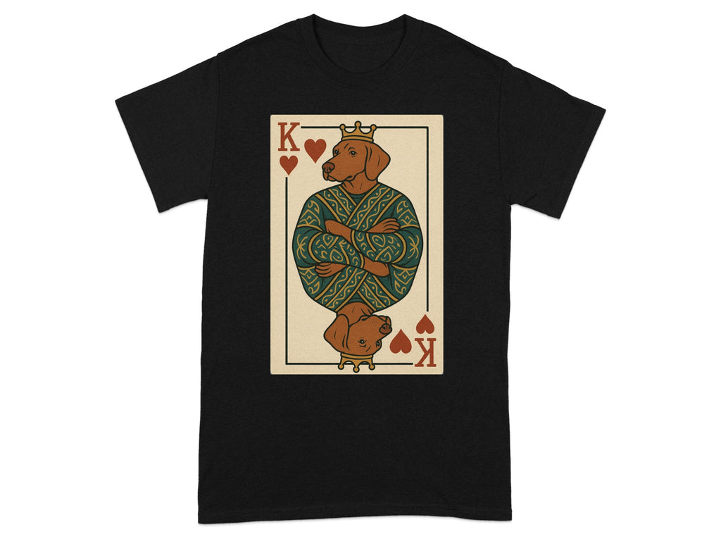 T-shirt with a King of Hearts playing card design featuring a dog.
