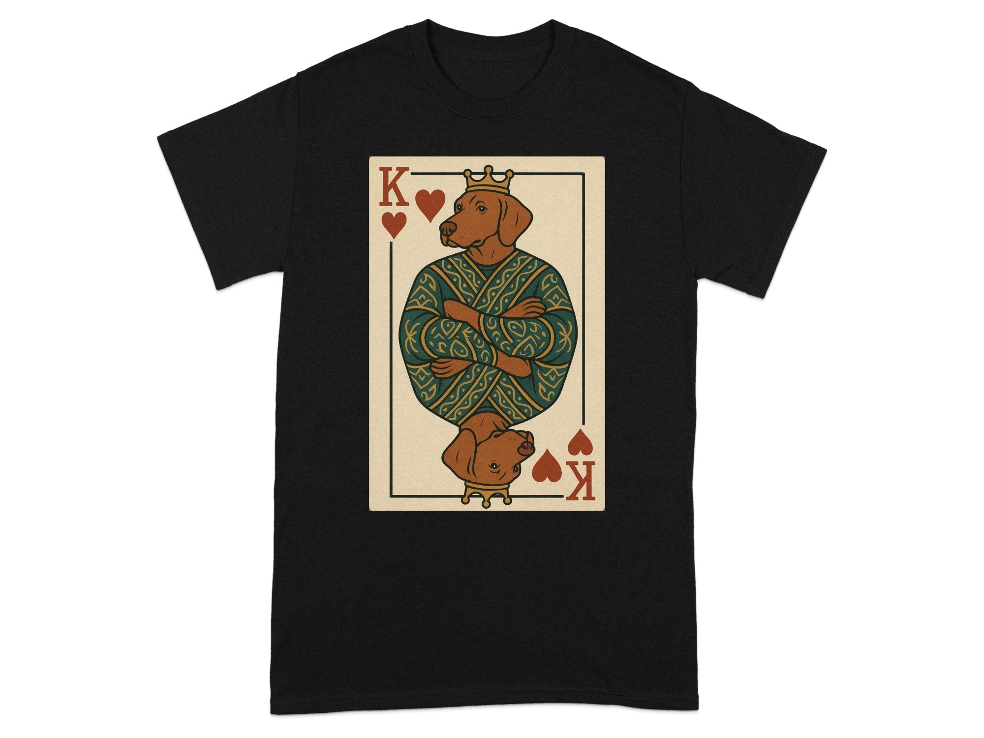 T-shirt with a King of Hearts playing card design featuring a dog.
