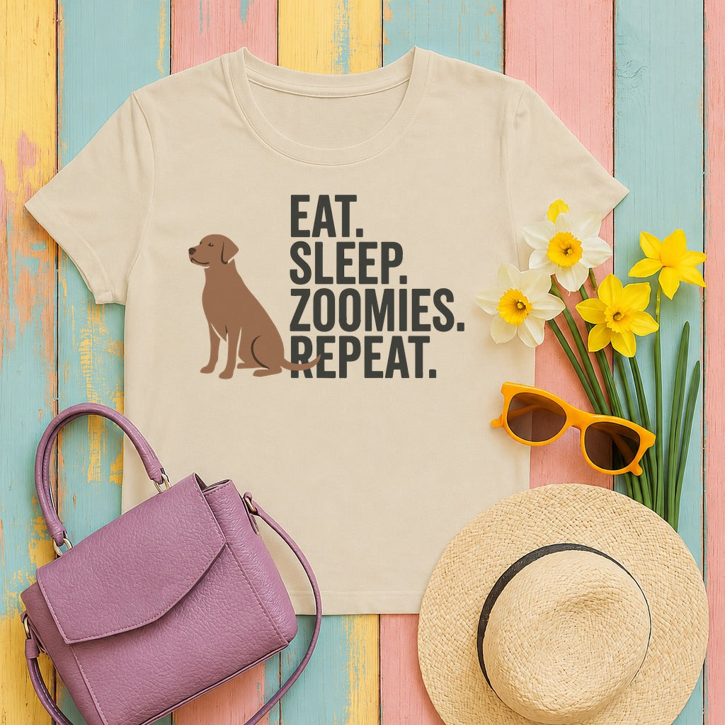 Eat Sleep Zoomies Repeat Dog T-Shirt in Sand