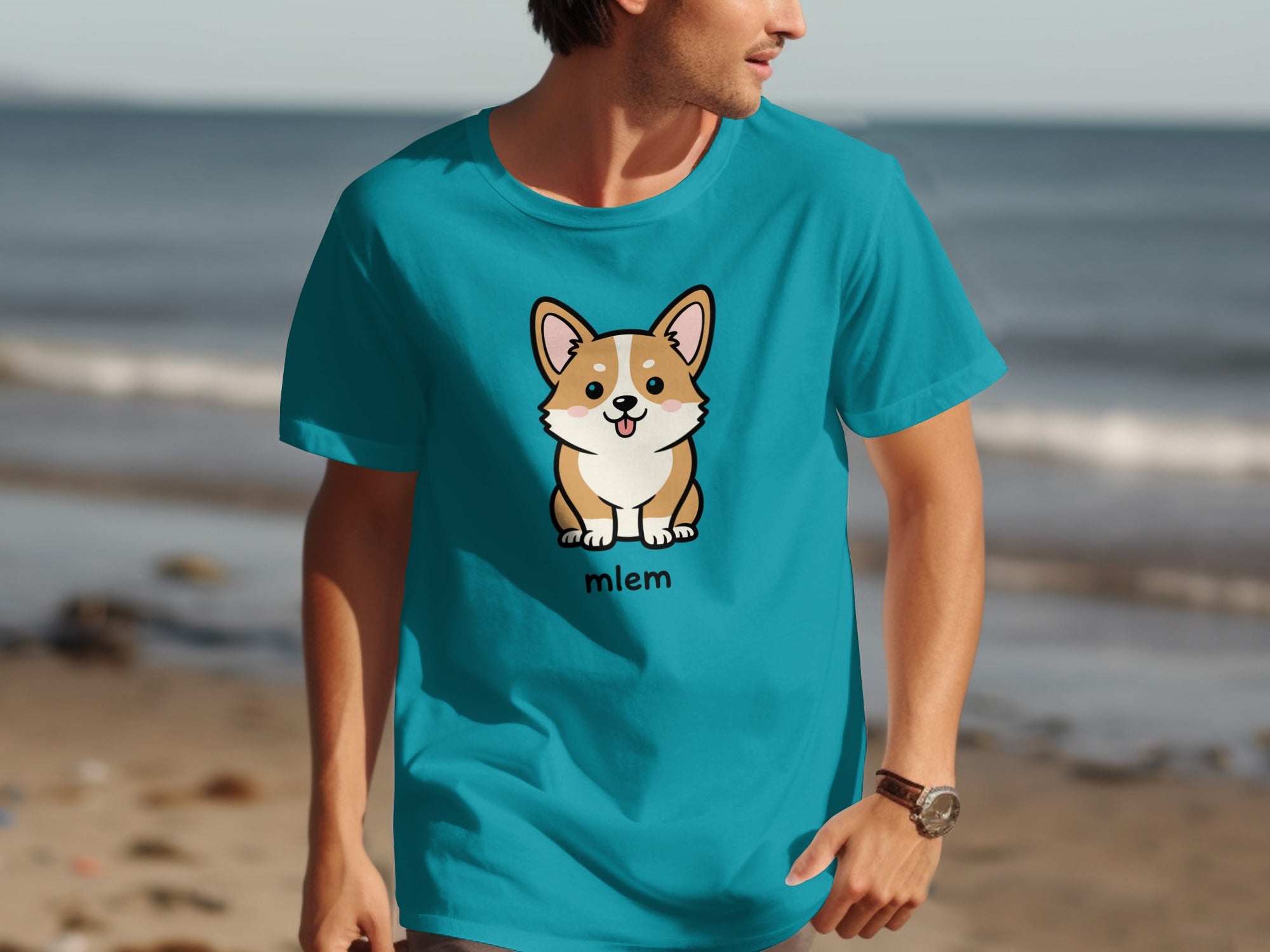 Cute Corgi Mlem Graphic Teal Shirt for Casual Wear