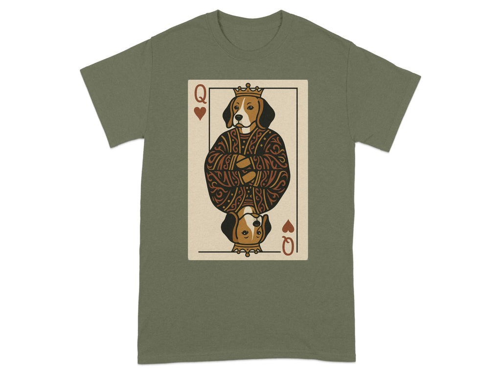 Queen of hearts card with a beagle wearing a crown and ornate robe.