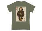 Queen of hearts card with a beagle wearing a crown and ornate robe.
