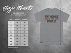 Gildan 5000 t-shirt size chart with "Why Doodle When You Can Poodle?" text.