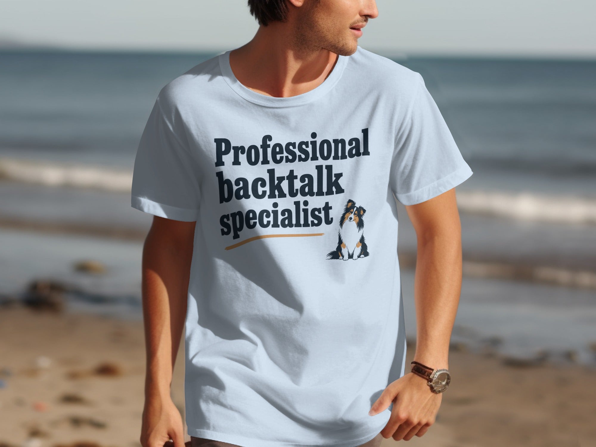 Light blue t-shirt with "Professional backtalk specialist" and dog graphic.