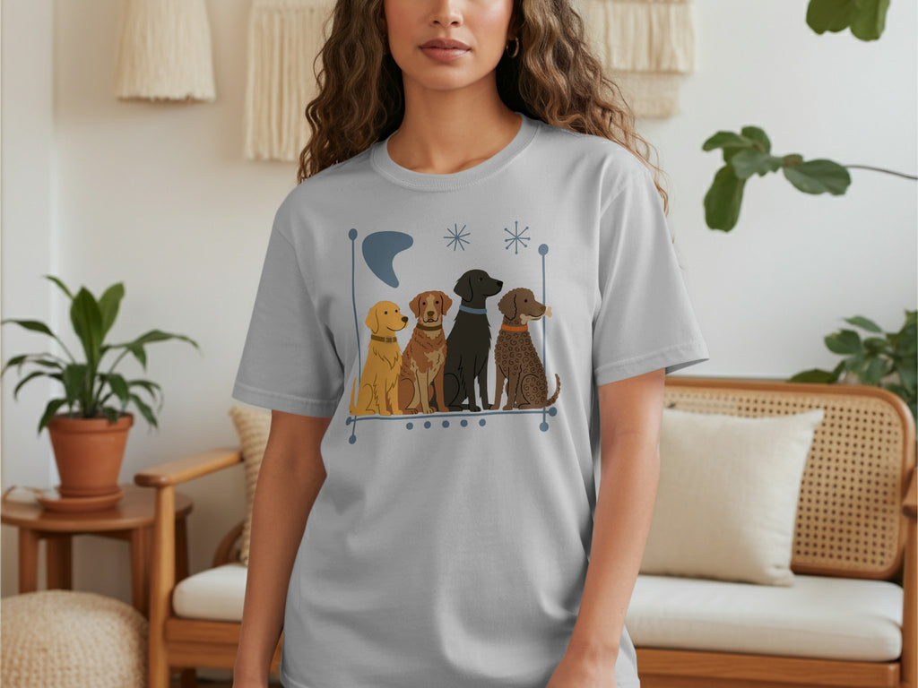 Light gray t-shirt with four cartoon dogs sitting in a row.