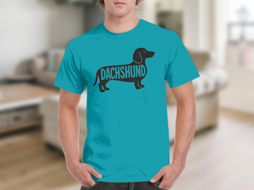 Cyan t-shirt with black dachshund silhouette and word "DACHSHUND".