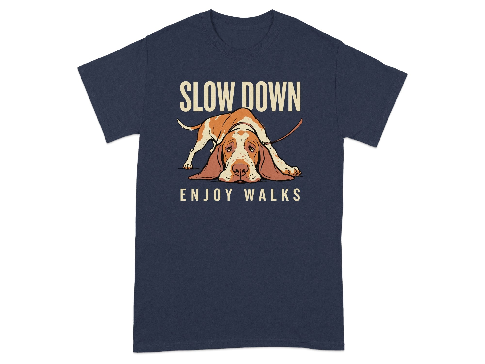 Navy t-shirt with a Basset Hound illustration and text "SLOW DOWN ENJOY WALKS".
