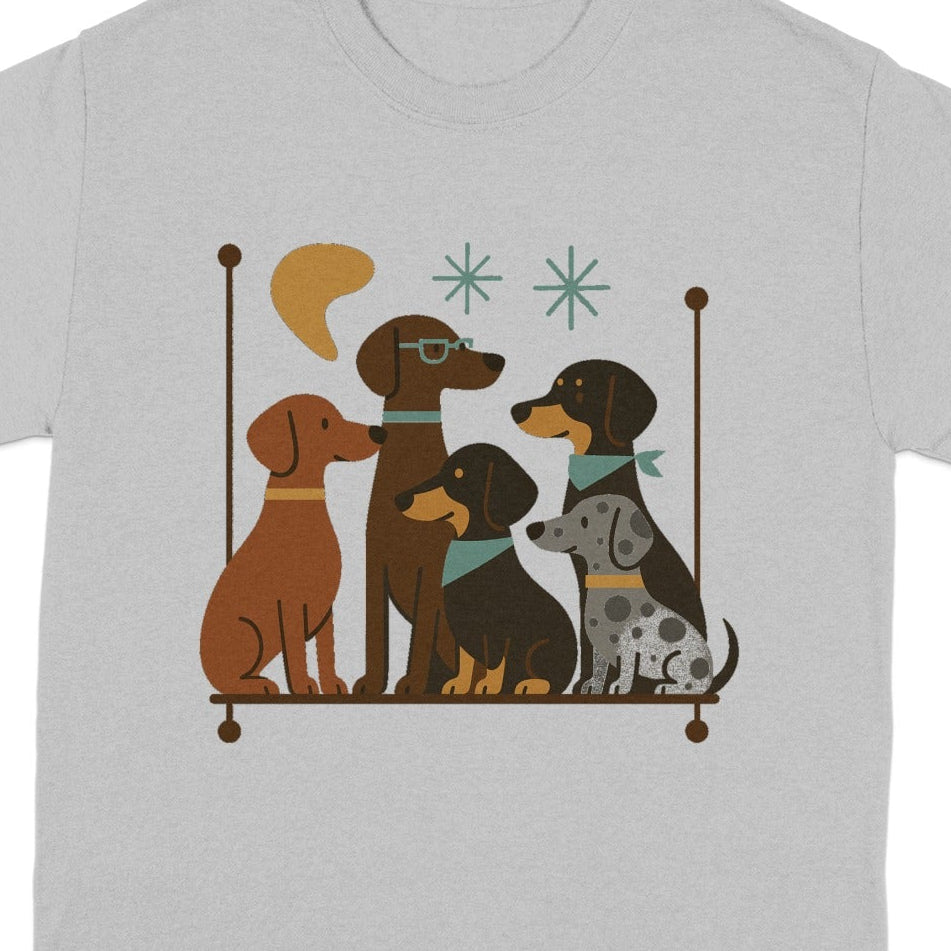 Illustration of five dogs in a line, with decorative elements above.