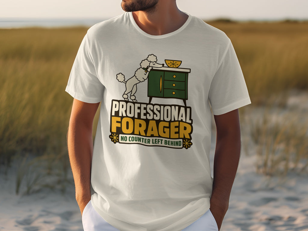 White t-shirt with a cartoon poodle foraging for snacks.