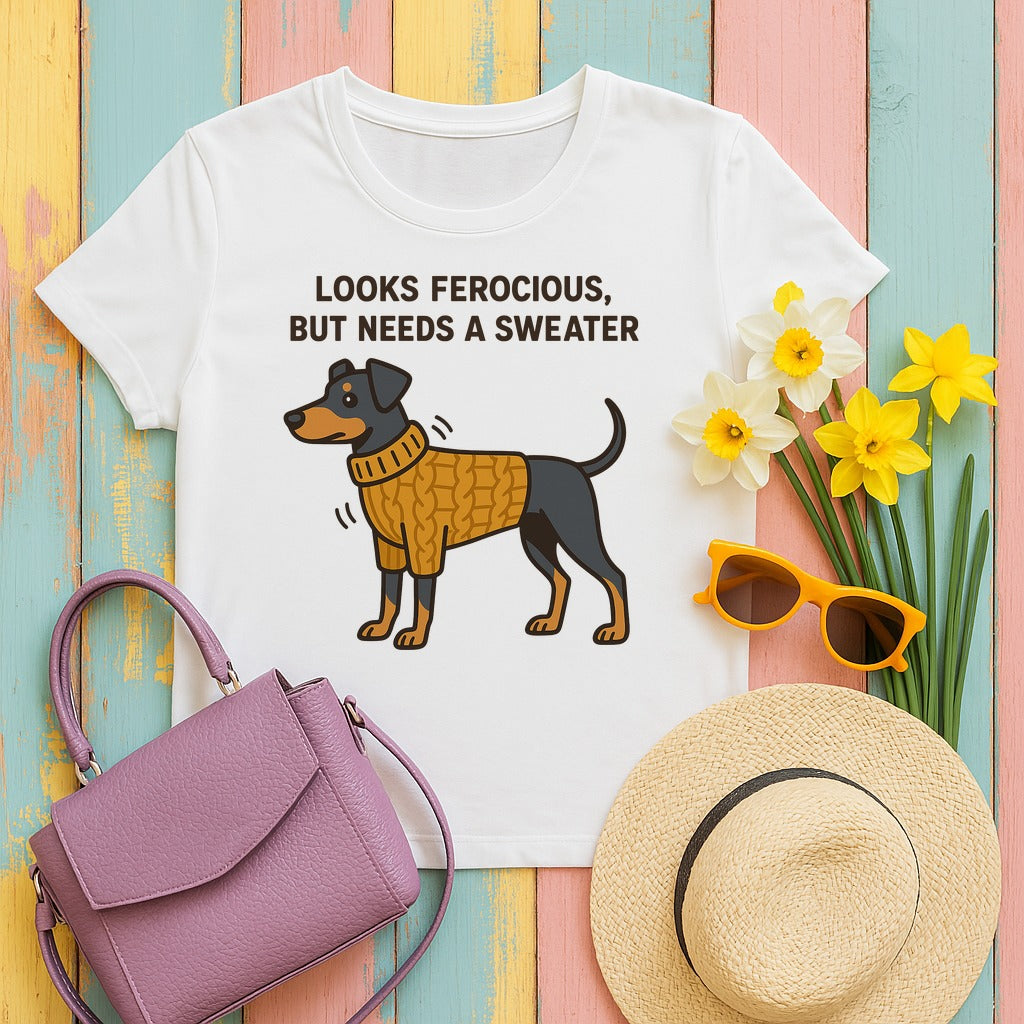Doberman Looks Ferocious But Needs a Sweater Tee in White