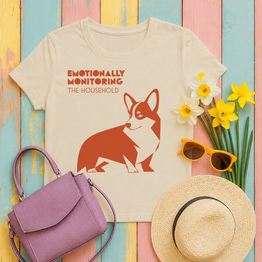 Emotionally Monitoring Corgi T-Shirt in Sand