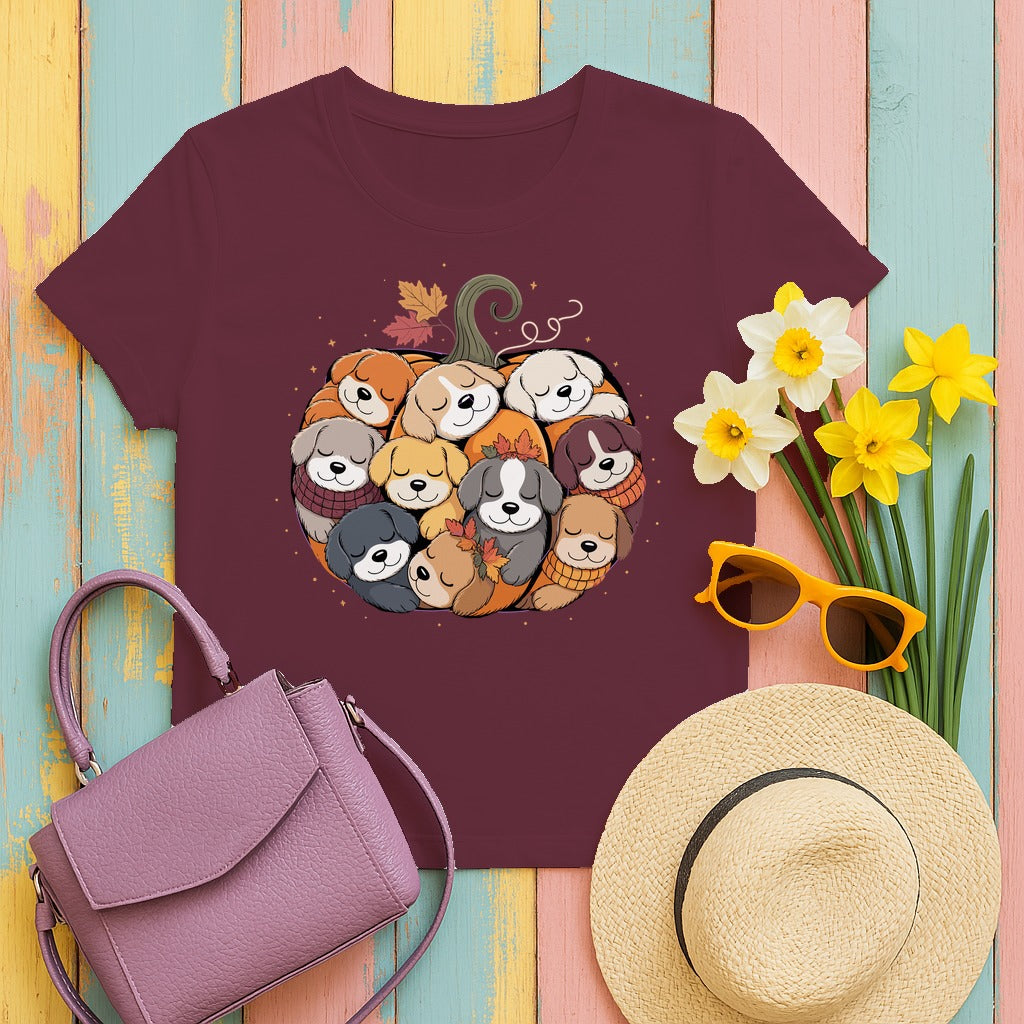 Dogs in Pumpkin Pile Autumn Festive Season Graphic T-Shirt in Maroon