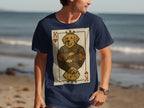 Navy t-shirt with a King of Hearts playing card design featuring a golden retriever.
