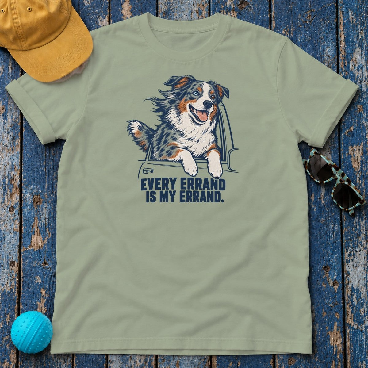 Every Errand Is My Errand Aussie T-Shirt in Sage - flat lay