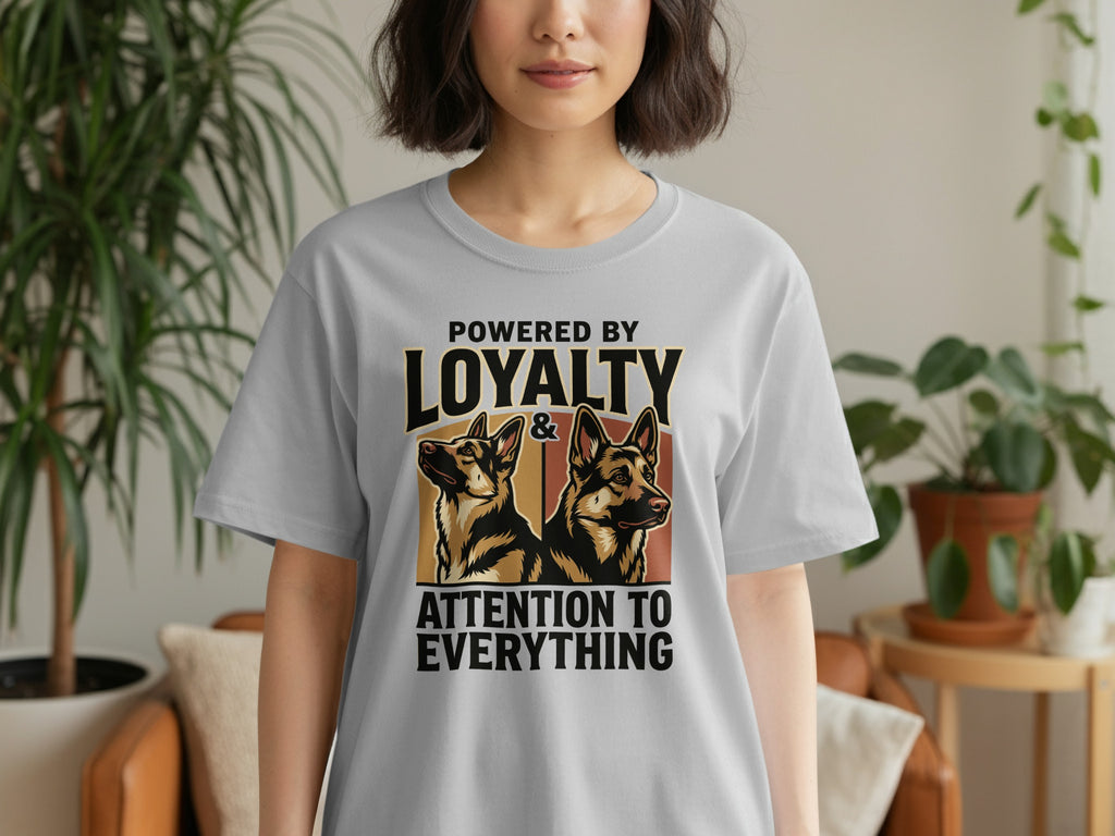 Grey t-shirt with German Shepherds and "POWERED BY LOYALTY & ATTENTION TO EVERYTHING" text.
