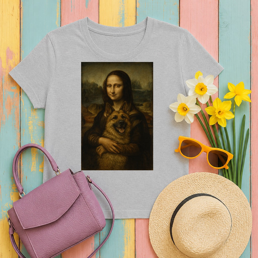 Mona Lisa German Shepherd Dog Friendship Artwork T-Shirt in Sport Grey