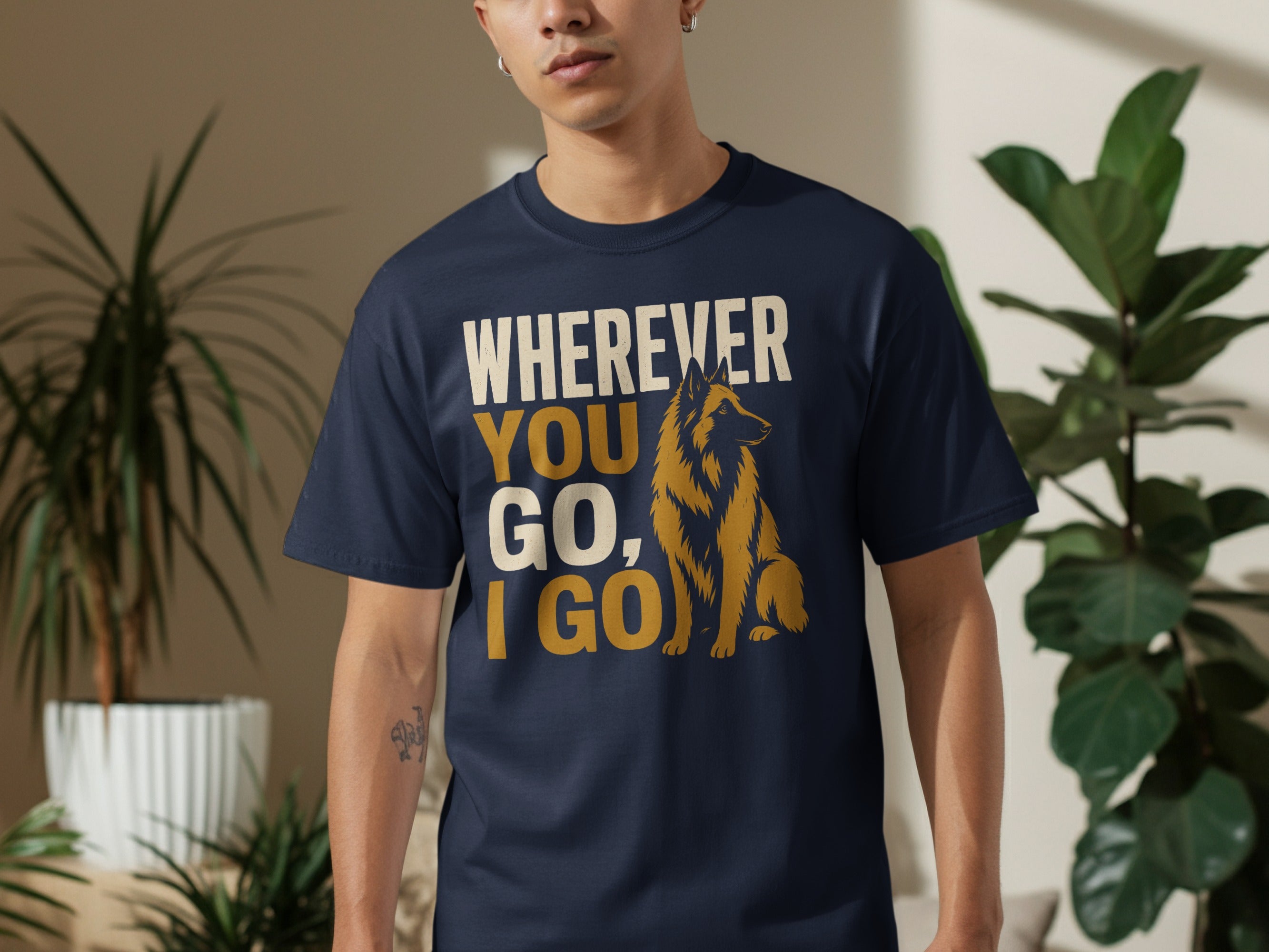 Navy t-shirt with "Wherever You Go, I Go" and a German Shepherd graphic.