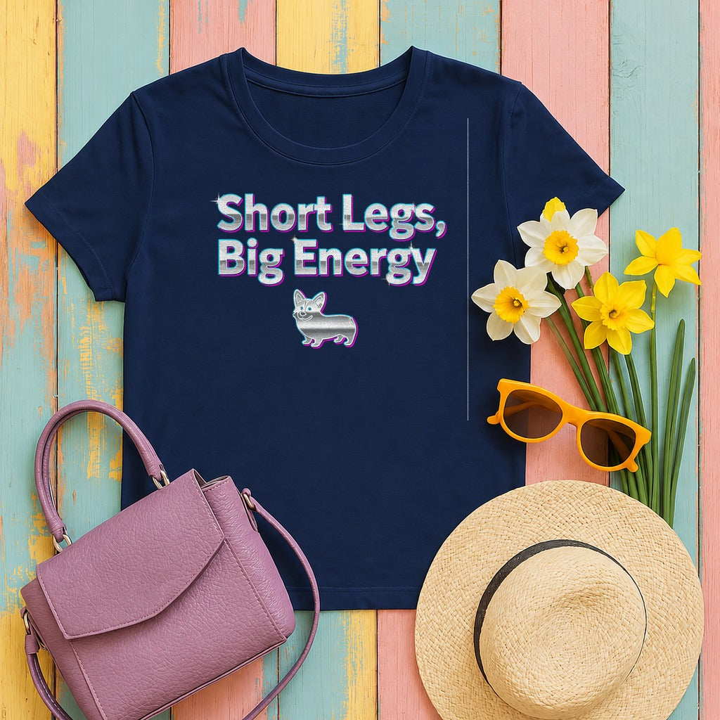 Short Legs Big Energy with a Corgi Image T-Shirt in Navy
