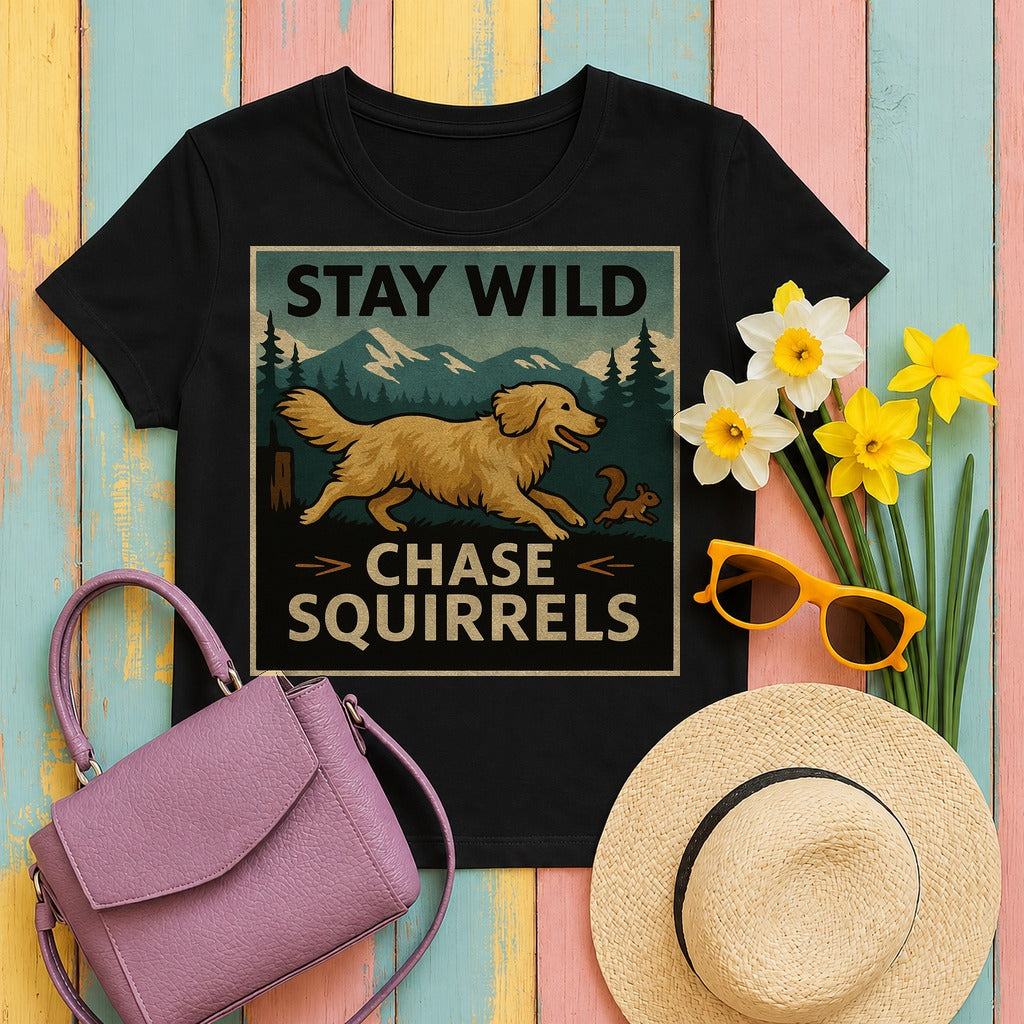 Stay Wild Chase Squirrels Golden Retriever T-Shirts in Black