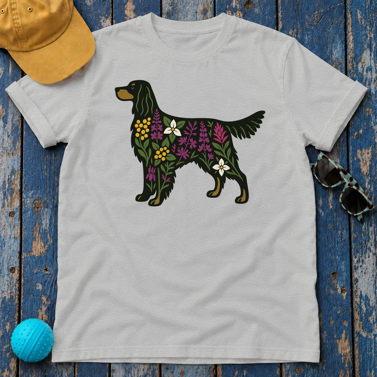 Floral Silhouette of a Black Gordon Setter Elegant Design T-Shirt in Sport Grey